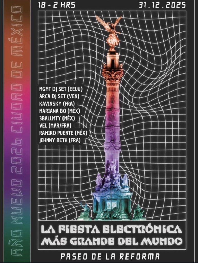 Poster del concierto de fin de año de la Ciudad de México con Arca, Kavinsky y MGMT.